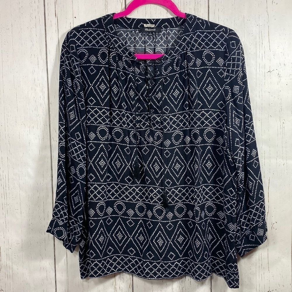 Madewell Peasant Boho Tassel Tie Black White Long Sleeve Blouse